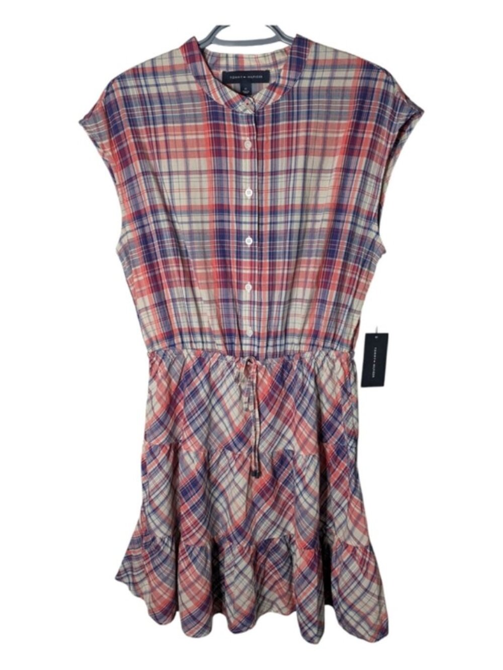 NWT‎ Tommy Hilfiger Short Sleeve Plaid Tiered Shirt Dress Pink/Cream/Blue Size M